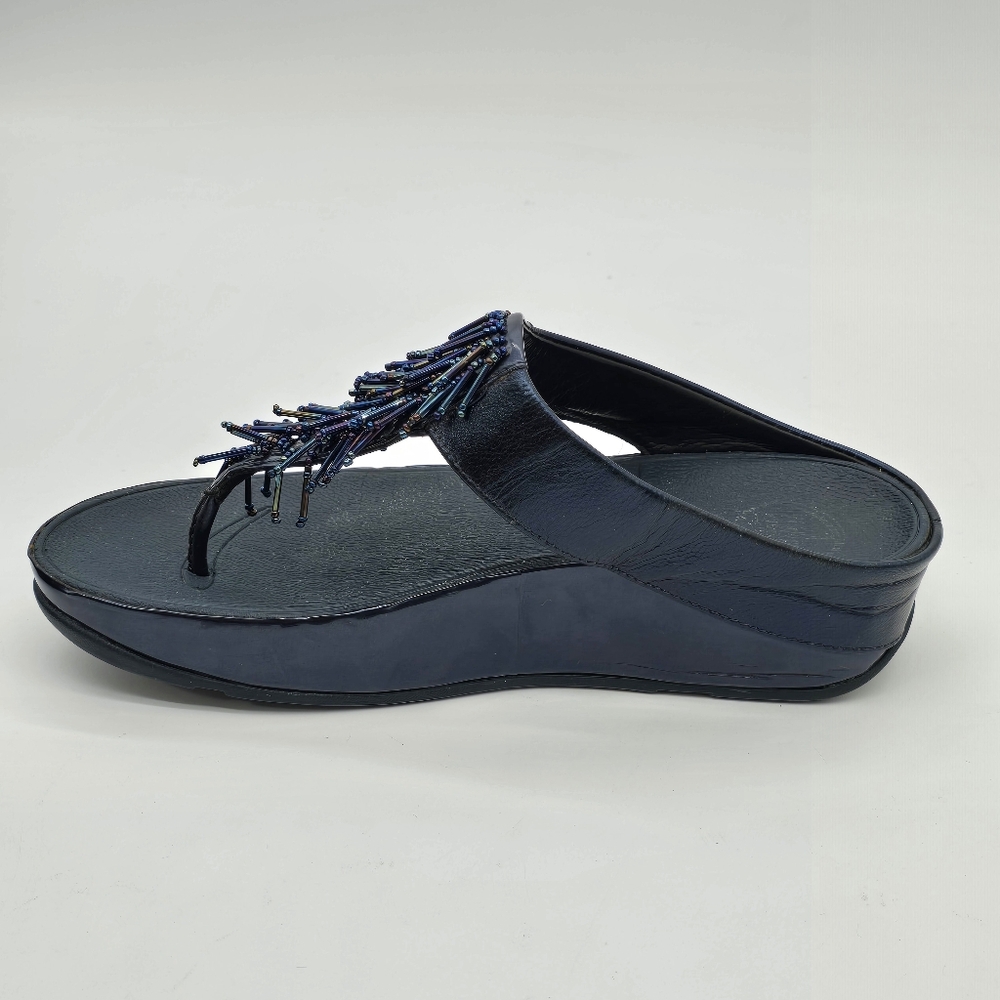 FitFlop Cha Cha Rumba Sandals Sz 8 Blue Leather Beaded Fringe Thong Platform - Picture 7 of 14